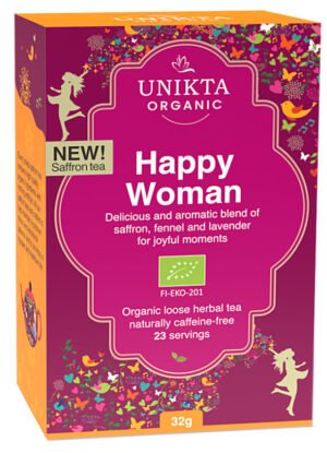 Happy woman, organic saffron herbal tea